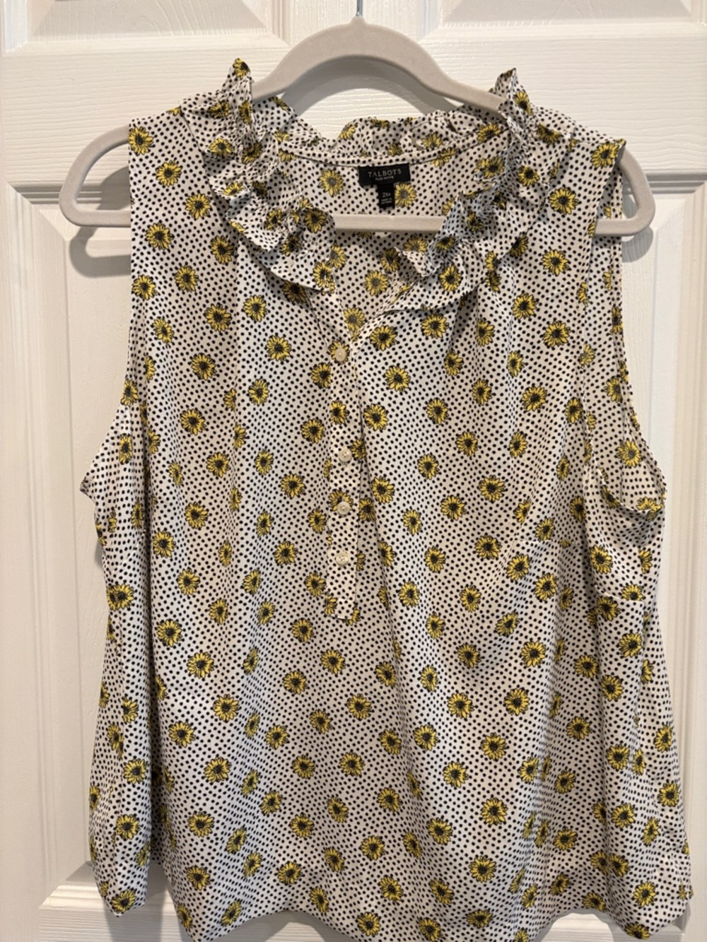 Talbots White Polka Dot Sunflower Ruffle Neck Sleeveless Top